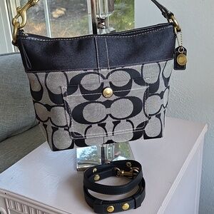 COACH 65th Anniver. Black & Gray Signature Jacquard Canvas/Denim Crossbody Bag